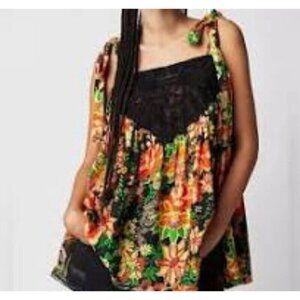 NEW FREE PEOPLE BALI MOROCCAN COLORFUL LACE FRONT TIE STRAP TOP TUNIC SZ SMALL